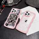 for iPhone 16 Pro Max Wavy Clear Silicone Bow Ribbon Women Trendy Cute Kawaii Girly Aesthetic Protective Shockproof Phone Cases with Beaded Phone Strap Lanyard Pink