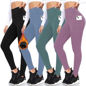 FULLSOFT 4 Pack Fleece Lined Leggings with Pockets for Women High Waisted Thermal Winter Warm Yoga Pants for Workout Running. Large-XL