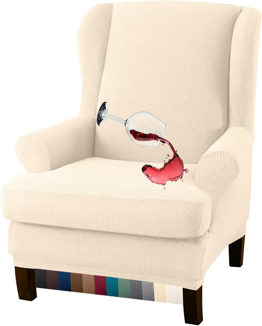 Granbest Premium Water Repellent Wingback Chair Cover 2-Piece High Stretch Jacquard Fabric Wing Back Chair Slipcovers (Wing Chair Cover,Beige)
