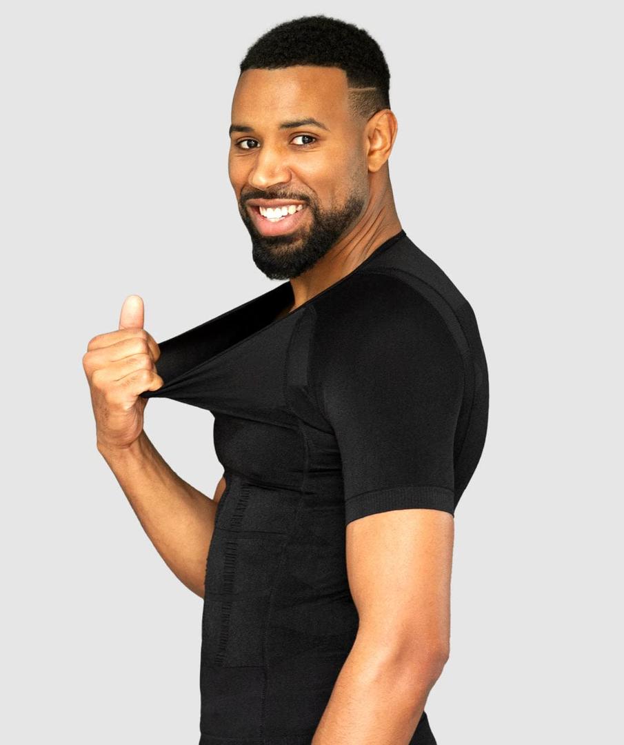 Curveless Men's Posture Corrector T-shirt | Anti Back Pain | Straightens Back and Shoulders | Compression | Undershirt | Short sleeves (Medium, BLACK)