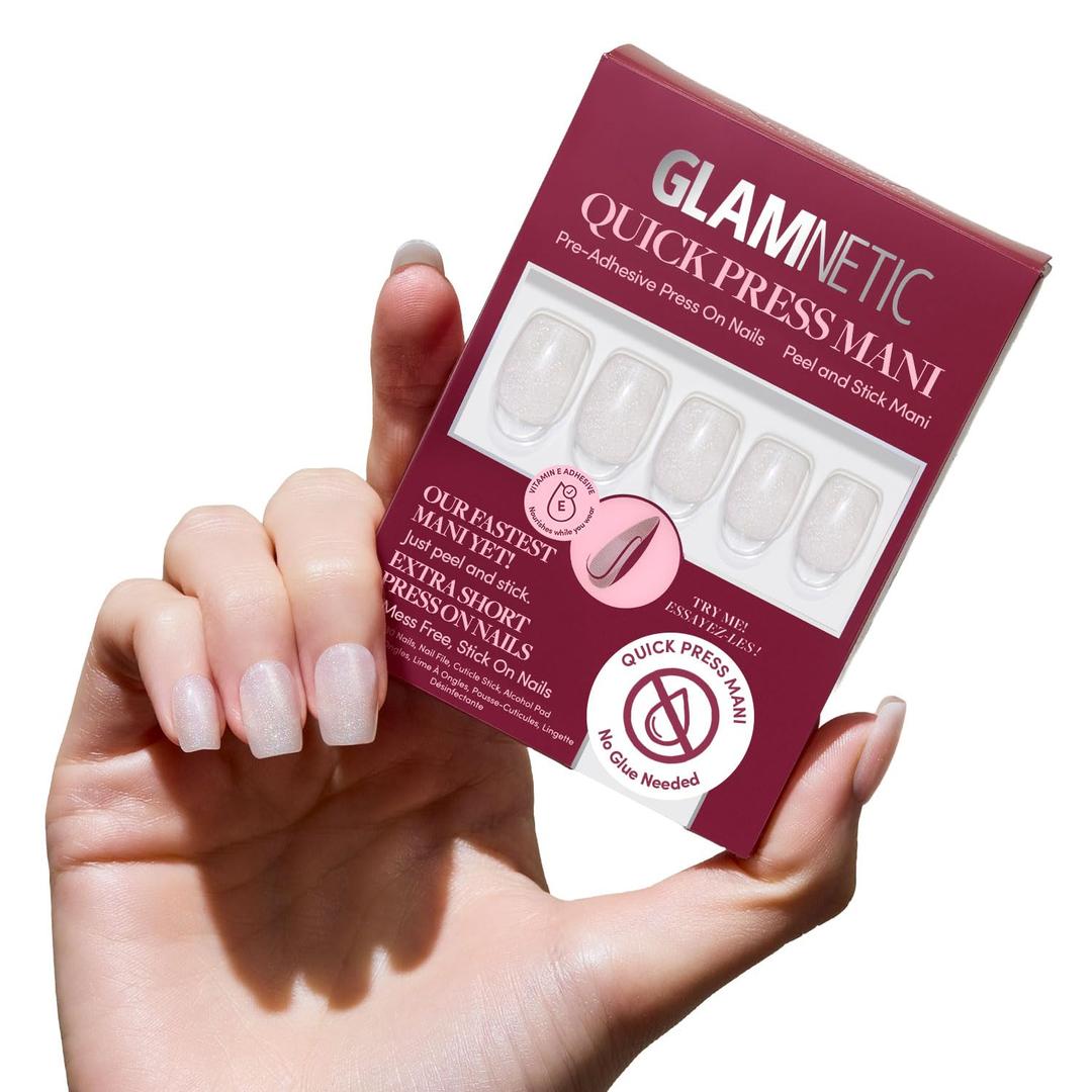 Glamnetic Quick Press Mani - No Glue Press On Nails, Just Peel and Stick, Square Extra Short Nails, Mess Free, Salon Quality Stick On Nails, Daydream Veil | in 15 Sizes - 30 Nail Kit | Gift For Mom