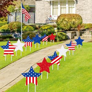 Whaline 12Pcs 4th of July Star Yard Signs with 24Pcs Patriotic Stakes Red White Blue Stars and Stripes Yard Decorations for 250th Anniversary Independence Day Memorial Day Garden Lawn Outdoor Decor