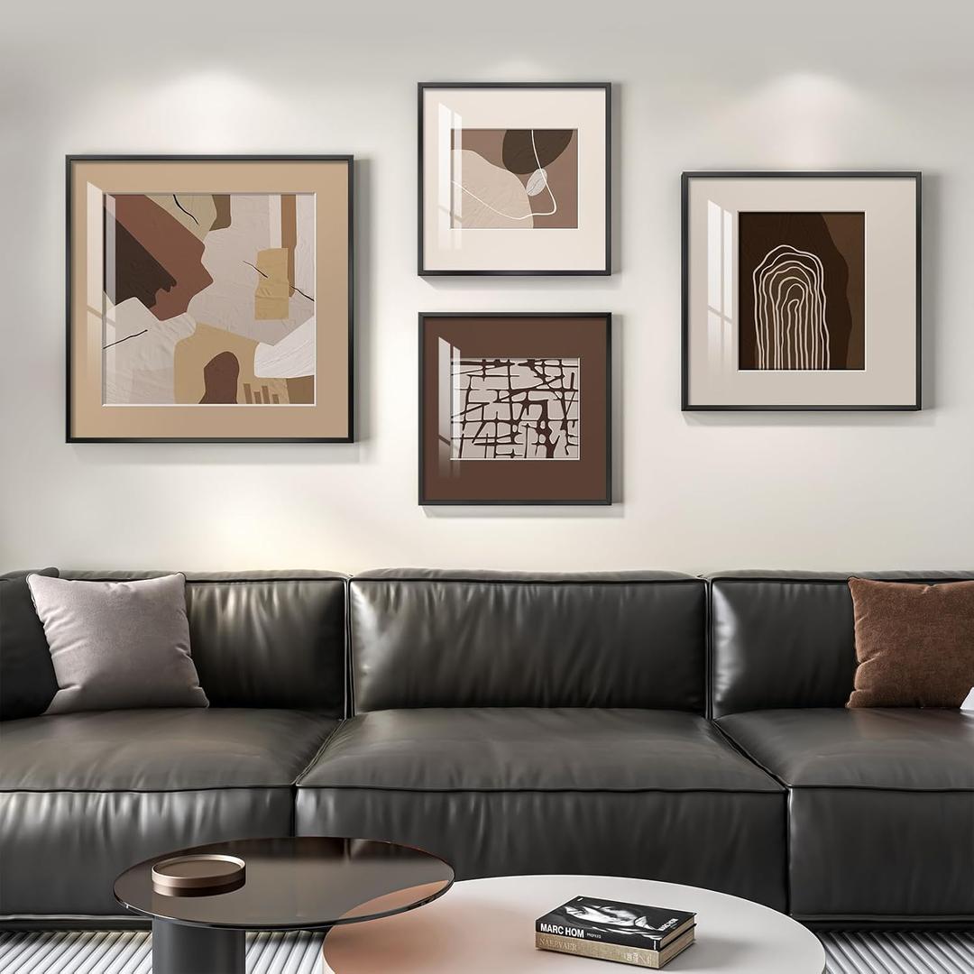 Framed Neutral Abstract Wall Art for Living Room, 4 Piece Earth Tone Modern Art Prints Paintings Artwork for Walls, Minimalist Brown Abstract Pictures for Hallway Dining Room Bedroom Office Wall Decor
