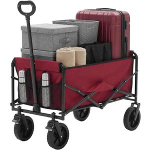 OLIXIS Collapsible Wagon 102L Standard Heavy Duty Utility Folding Wagon Cart with Lockable Brake Wheels 330 lbs Weight Capacity, Flexible Handle for Beach, Grocery, Camping, Sports & Garden, Red
