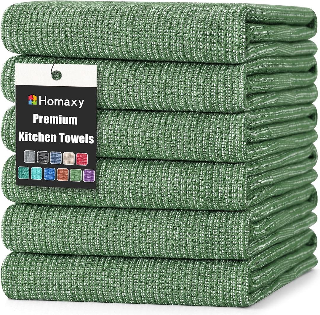 Homaxy Premium Kitchen Towels(18x 28, 6 Pack), Large Cotton Kitchen Hand Towels, Flat and Terry Dish Towels, 380 GSM Highly Absorbent Tea Towel Set with Hanging Loop, Grass Green