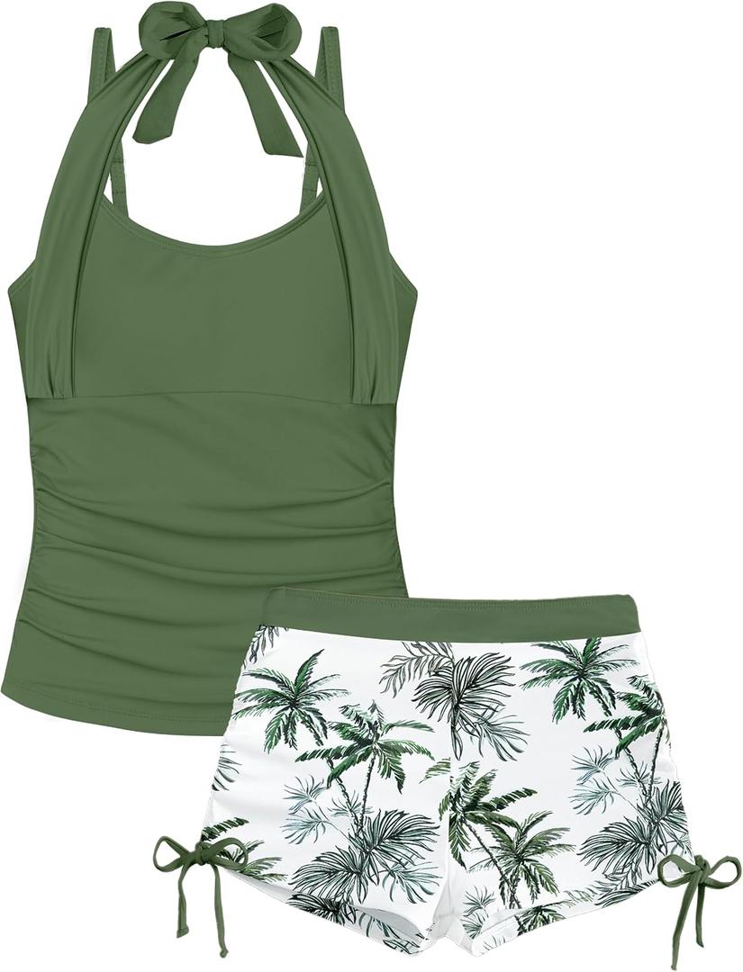 Girls Swimsuit 2 Piece Halterneck Girls Tankini Swimsuit Drawstring Printed Swim Shorts Girl Bathing Suit for 7-16T (7-8 Years, Green)