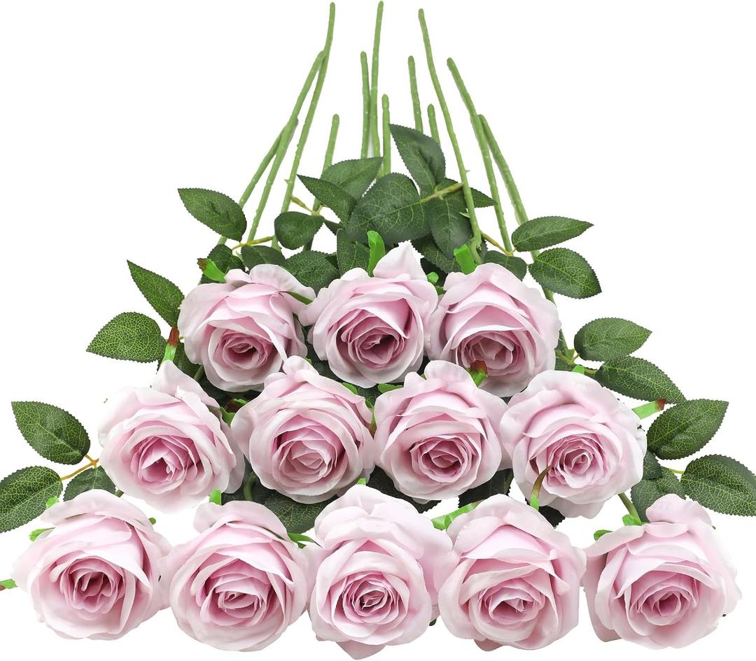 Tifuly Light Purple Roses Artificial Flower - 12 Pcs Long Stem Silk Roses, Realistic Fake Roses with Stems for Bridal Bouquets, Home and Office DIY Decor