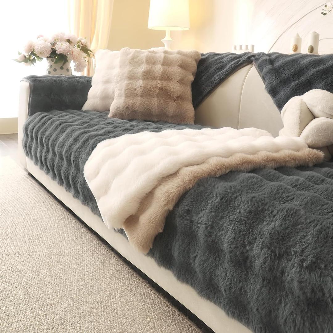 Soft Plush Faux Fur Couch Cover, Thick Warm Fuzzy Sectional Sofa Covers for 3 Cushion Couch Sofa Non Slip Slipcover, Furniture Protector Covers for Pets(1 PCS 27"x27" Dark Grey)