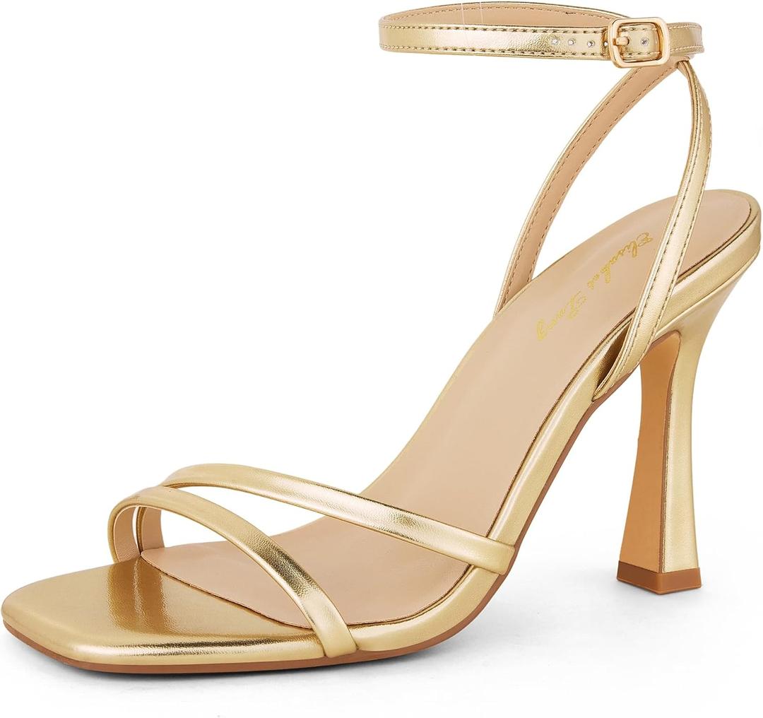 Elisabet Tang Womens Strappy High Heel Sandals 4.1 Inch Stiletto Square Open Toe Ankle Strap Buckle Dress Heels for Party, Prom, Dating, Wedding (10,Gold)