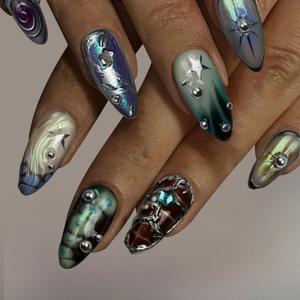 2 x Goth French Tip Press on Nails Almond Medium Blue Acrylic Fake Nails Press Ons with Glue Snake Print 3D Silver Beads Stick on Nail 24Pcs Purple Gothic Artificial Glue on False Nail for Women