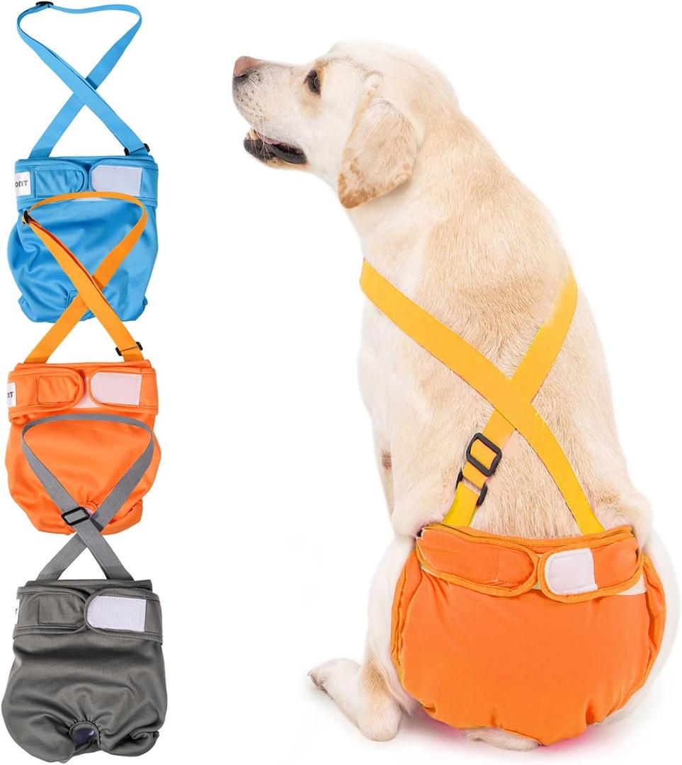 3 Pack Avont Washable Female Dog Diaper with Suspender, Reusable Girl Doggie Diapers for Small Medium Large Doggy in Heat Cycle Period Incontinence -L Blue/Orange/Grey