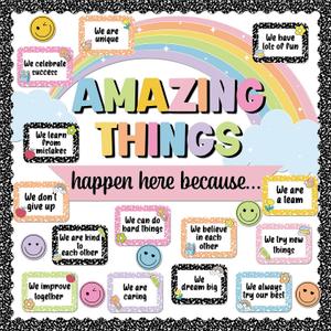 3 x Pastel Rainbow Amazing Things Happen Here Bulletin Board Set Composition Notebook Classroom Decor Motivational Saying Cutouts for Back to School Teacher Supplies Classroom Chalkboard Wall Door Decor