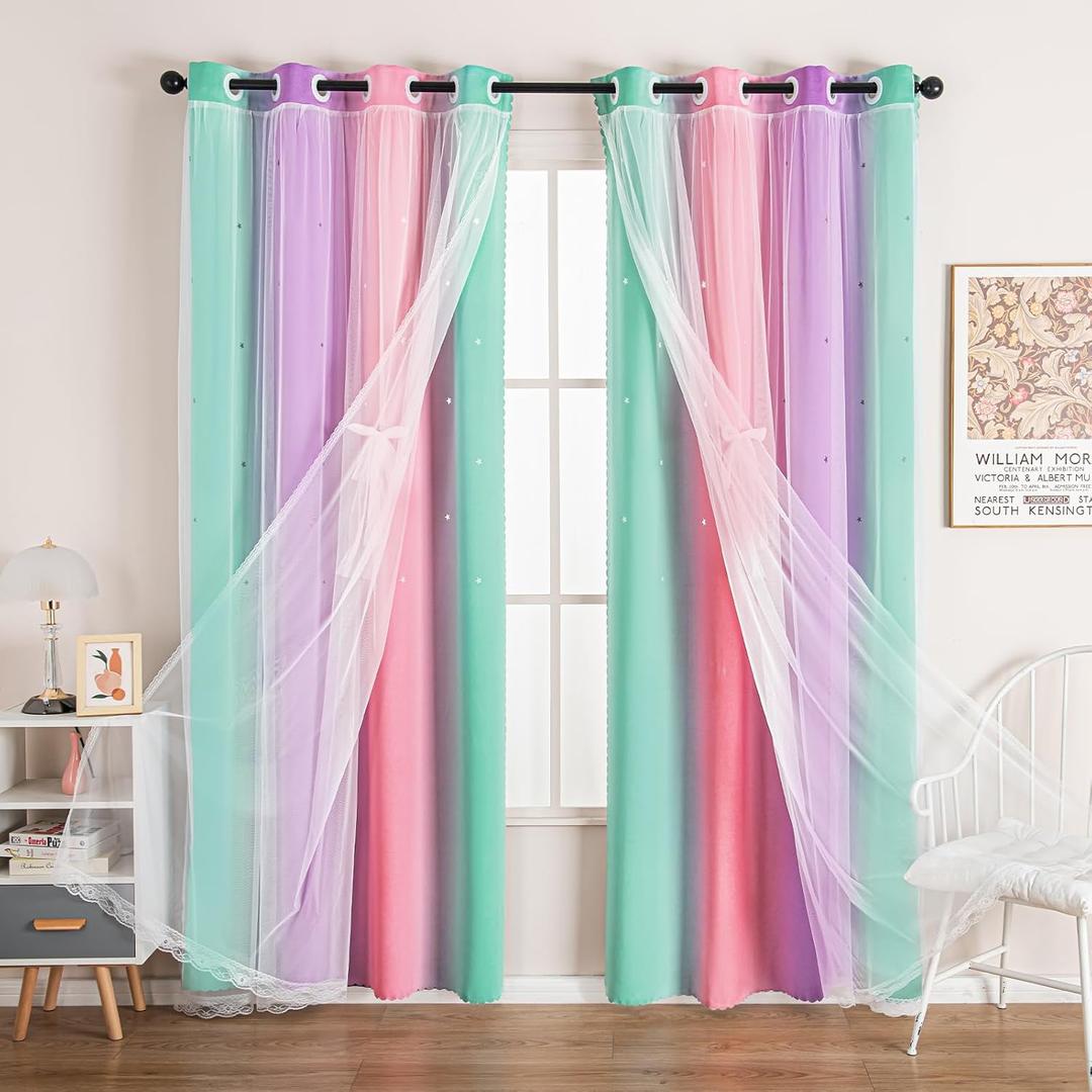 UNISTAR 2 Panels Curtains for Girls Bedroom Kids Living Room Star Blackout Curtains Colorful Double Layer Cut Out Stripe Rainbow Window Curtain,W42 x L63 Inches, Pink Purple Green