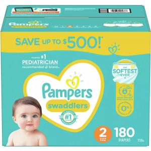 Pampers Swaddlers Diapers, Size 2 (12-18 Pounds), 180 Count