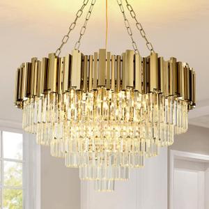 Modern Crystal Chandelier Gold Pendant Light Fixtures, Round Crystal Pendant Lighting for Living Room, Dining Room, Bedroom, Restaurant, E12 x 12, 30inch