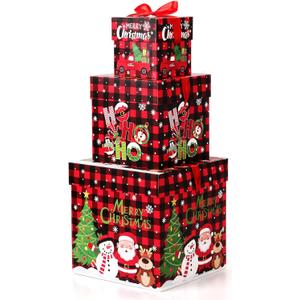 Trandraft 3 Pcs Christmas Nesting Gift Boxes Buffalo Plaid Xmas Stackable Boxes Black Red Decorative Xmas Nested Present Boxes with Lids and Ribbon for New Year Birthday Party Gift(Santa)