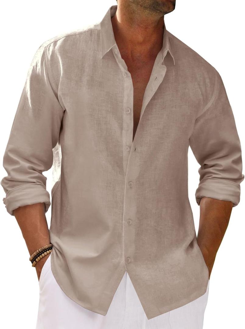 Runcati Mens Button Down Shirt Cotton Linen Casual Long Sleeve Shirts Collared Hippie Beach Tops (Medium, Khaki)