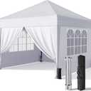 Driftalia 10x10 Pop Up Canopy with Sidewalls, Outdoor Instant Canopy Tent with Carry Bag for Commercial Events, Camping, Backyard Parties - White, 100 square feet