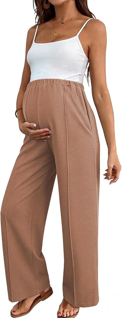 BLENCOT Women's Maternity Pants Work Adjustable Waisted Wide Leg Waffle Knit Trousers Pregnancy Clothes with Pockets, XL
