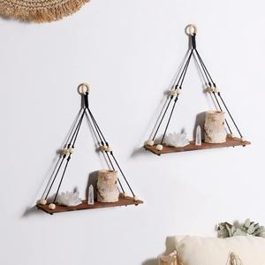 Artilady 2 Pack Wooden Wall Hanging Shelves - Macrame Hanging Plant Shelf Boho, Handmade Rustic Hanger Planter Rack Pot Stand Holder Storage Floating Shelves (Black Simplicity)