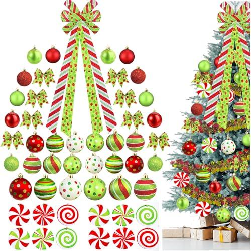 Christmas Tree Decorations Set,Christmas Ball Ornaments Glittering Plastic Hanging Decorations Elf Balls,Large Tree Topper Wreath Bow,Candy Peppermint Wood Ornaments (Red and Lime Green)