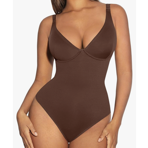 FeelinGirl Shapewear Bodysuits for Women Tummy Control Body Suits Deep V Neck Thong Body Shaper, M