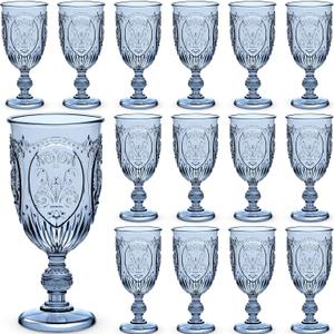 Wiwiqing 24 Pcs Plastic Goblets 7.5oz Vintage Goblet Plastic Wine Glasses Colored Retro Embossed Water Goblets for Wine Bar Juice Baby Shower Wedding Reception Grand Event Party (Blue)