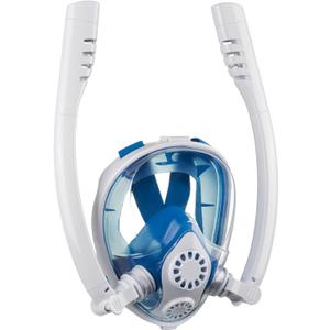 Adult Full Face Snorkel Mask, Waterproof Dual Breathing Tubes, Patented Design, Breathing Through The Nose, Professional Snorkeling Gear for Vacation, Mountable Action Camera (Small-Medium, Blue-White)