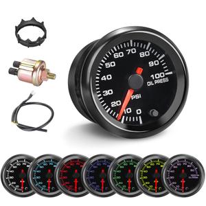 7 Color Oil Pressure Gauge, 0-100 PSI Tinted Oil Pressure Gauge Kit 2-1/16" 52mm LED Backlight - Black Dial - Clear Lens - Monitor and Display Engine Oil Pressure Level