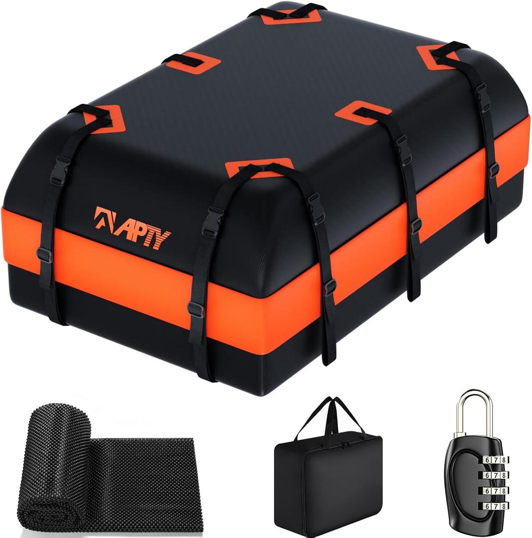 23 Cubic Feet Car Rooftop Cargo Bag Carrier, Soft Roof Top Luggage Bag for All Vechicles with/Without Racks - with Waterproof Zip, Luggage Lock, Anti-Slip Mat, Storage Bag, Door Hooks (23 Cubic Feet-Orange)