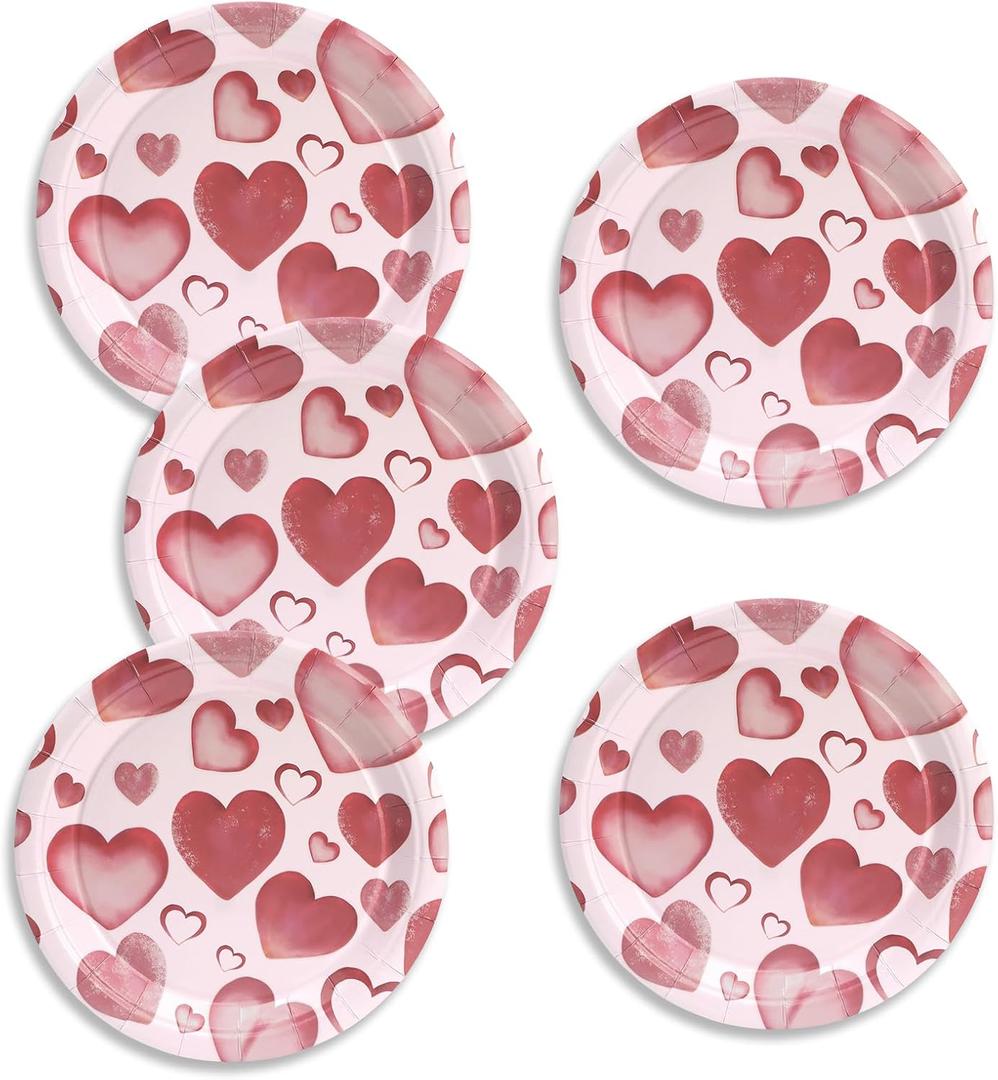 50Pcs Valentines Day Plates Party Supplies - Red Heart and Love Dessert Paper Plates for Anniversar, Wedding, Valentine's Day Party Decorations