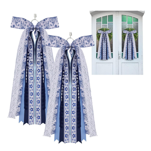 Suncalla 2 Pcs Chinoiserie Ribbon Bow for Wreath Large Blue and White Wreath Sash for Front Door Xmas Tree Topper Bow Ribbons Bundle Assorted Sash for Party Indoor Outdoor Decoration