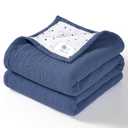 lulumoon Muslin Baby Blanket for Boys: Soft Cotton Toddler Blanket for Daycare - Reversible Lightweight Crib Bedding for Stroller & Travel 47"x47"(Blue)