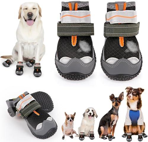TEWIWAP Dog Shoes for Large Small Medium Dogs, Breathable Dog Booties for Outdoor Walking Hiking Anti-Slip Dog Boots Paw Protectors with Reflective Straps for Hardwood Floor Winter Snow Size 4
