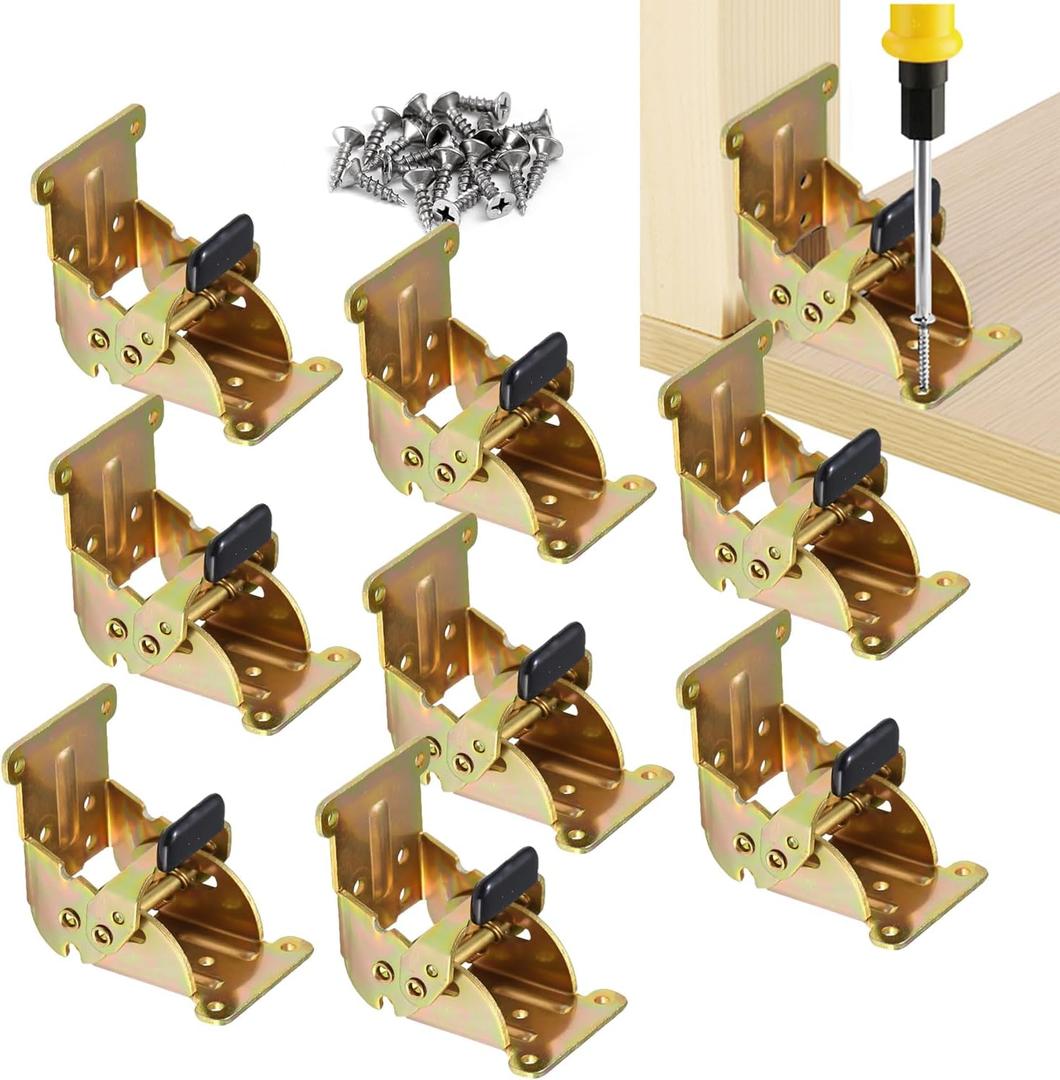 YDAJIURI Folding Brackets 8 Pack, Heavy-Duty Self-Locking Hinges with Screws, Foldable Lock Extension Support Brackets for Table Legs, Bed Legs, Workbenches  Gold
