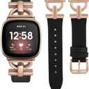 Wearlizer Leather Band Compatible with Fitbit Versa 4 Bands for Woman/Versa 3/Sense 2/Sense Bands Women, Dressy Leather Strap with D-Shape Metal Buckle Smartwatch Wristband (Black/Rose Pink)