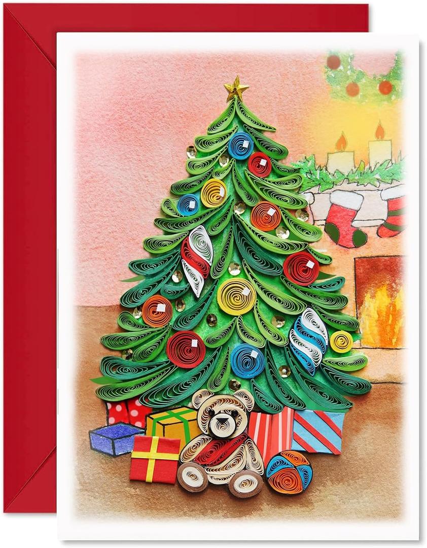 7 x KingKraft Christmas Card, Christmas Tree Quilling Card for Christmas, Christmas Card with Envelop, Vintage Christmas Card, Handcrafted Greeting Card for Holiday Christmas and New Year, 5.1x7.1in