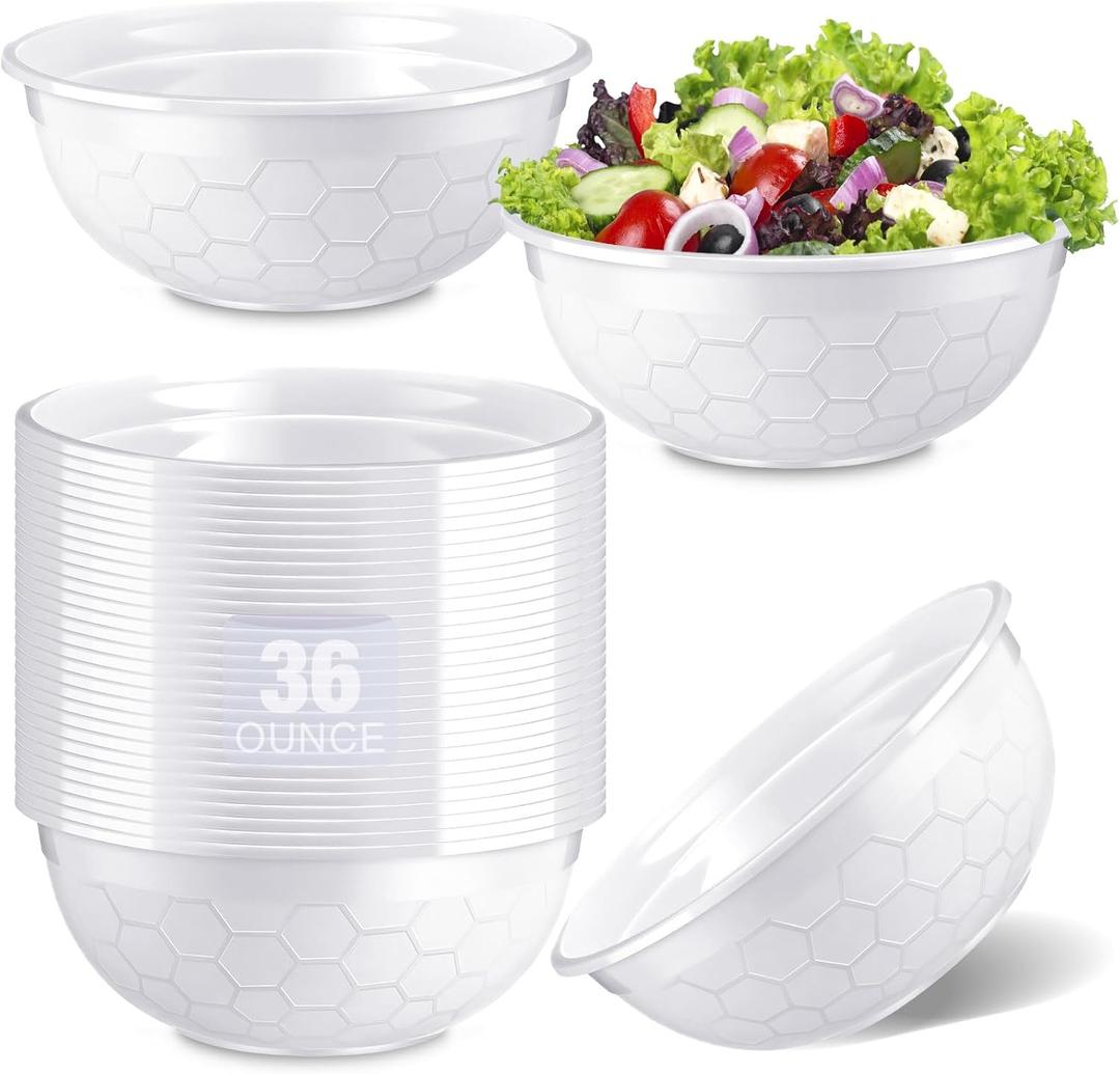 100 Pack 36oz White Disposable Plastic Bowls Plastic Salad Bowls Large Stackable Serving Soup Microwave Safe Dinnerware for Birthdays Weddings Festivals Party(Soccer)