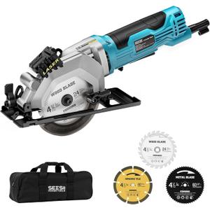 Seesii Mini Circular Saw with Laser Guide,4.8A 4000 RPM Compact Corded Circular Saw with Rip Guide,3 Blades (4-1/2") for Wood,Soft Metal,Tile,Plastic Cutting,Max Cut Depth 1-11/16"(90),1-1/8" (45)