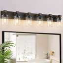Farmhouse Bathroom Vanity Light Fixtures, Rustic 6-Light Wood Vanity Lights for Bathroom, Vintage Black Wall Sconces Lighting, Light fixtures Over Mirror, with Glass Shade