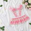 Women Lingerie Set Naughty Lace Bodysuit High Waisted Underwire Lingerie Babydoll With Garter Belt and Stockings (XS)