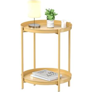 EKNITEY 2 Tier Side Table - Metal end Table Waterproof Small Sofa Coffee Side Tables Bedroom Indoor Outdoor with Removable Tray for Living Room Bedroom Balcony and Office (Gold)