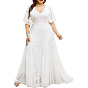 TIARALY Plus Size Formal Lace Dress Maxi V Neck A-line Chiffon Wedding Guest Prom Evening Gown Gala Elegant, White, 2X