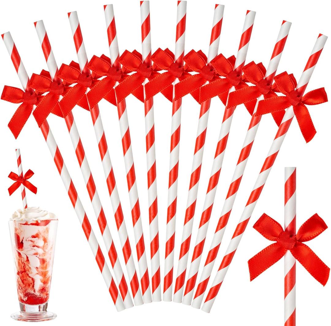 Potchen 50 Pcs Bow Straws Bulk Disposable Paper Bow Striped Drinking Straws for Graduations Cake Decorations Birthday Bridal Shower Wedding Bachelorette Baby Shower Party Supplies (Red)