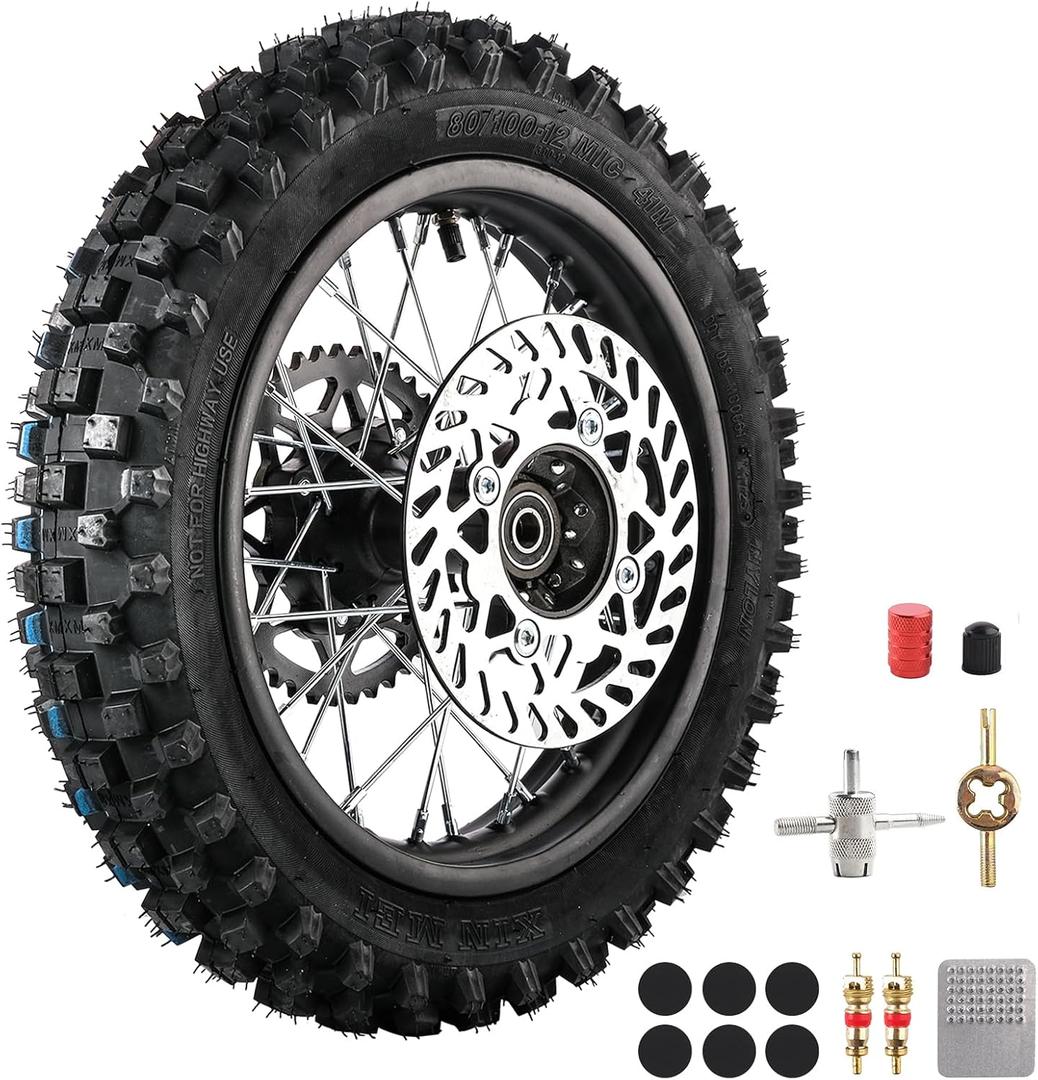 12mm Bearing Rear Wheel Tire 80/100-12 1.85-12 Rim and Inner Tube Chain Sprockets 190mm Brake Disc Rotor For Dirt Pit Bike Apollo SSR 125cc CRF 50cc 70 110cc 140cc (80/100-12 12mm)