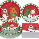 Homlouue 200PCS Christmas Paper Plates and Napkins, Cute Cartoon Penguin, Reindeer, Snowman Christmas Disposable Dinnerware Set, Red Holiday Party Plate for Xmas, New Year, Serves 50