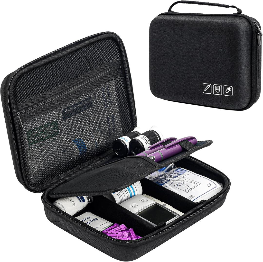 ProCase Diabetic Supplies Hard Travel Case, Diabetes Storage Bag for Glucose Meter, Insulin Pen, Blood Sugar Test Strips, Syringe, Needles and More Kits, Diabetic Care Kits Organizer Holder -Black (Large Storage Case(10.5" x 8.5" x 2.8"))