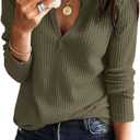 Women's V Neck Waffle Knit Henley Tops Casual Long Sleeve Pullover Sweater Blouses (S)