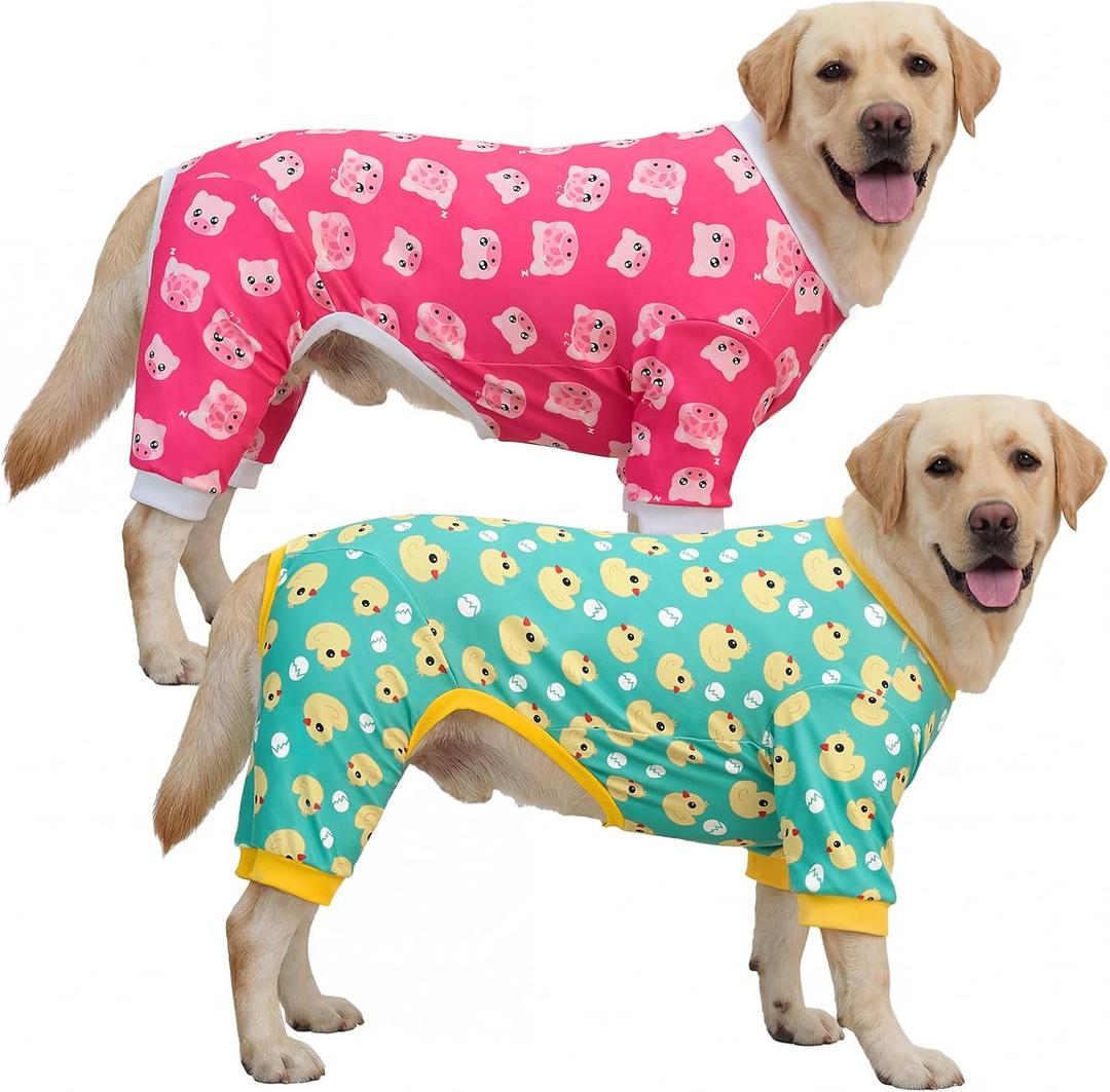 XPUDAC 2 Pack Dog Pajamas for Medium Large Sized Dog, 4-Way Stretch Warm Pet Pjs Onesie Lightweight Soft Jammies Pet Clothes Boy Girl Duck Pig Print, 3XL (3X-Large(Chest-26" Back-19.7" Neck-17.3"))
