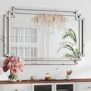 32" X 47" Large Bathroom Wall Mirror with Glass Pieces and Beveled Edge, Elegant Decorative Mirror for Wall Decor Living Room, Dining Room, Fireplace, Hang Horizontally or Vertically